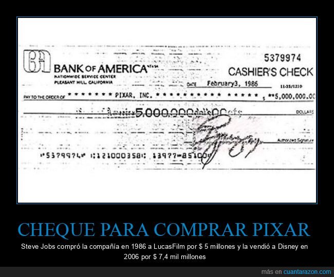 cheque,comprar,pixar,steve jobs,lucasfilm,disney